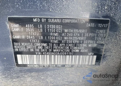 2018 Subaru Outback 2.5I Premium z USA, uszkodzony, nr VIN 4S4BSACC8J3281197